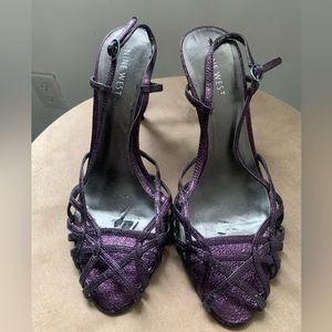 Nine West glittery purple open toe heels size 6 1/2 heel 3”, worn twice